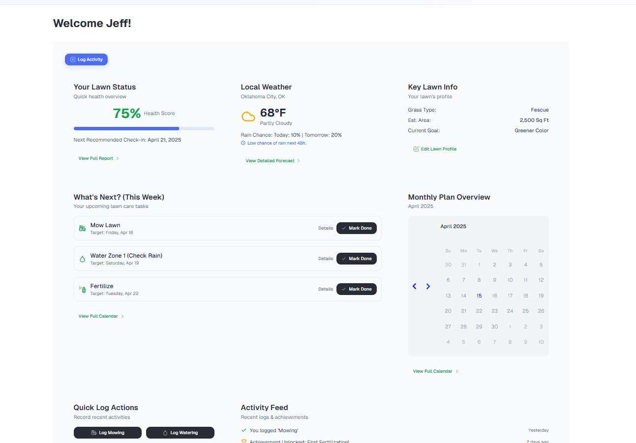 Mockup of the SupaLawn AI-driven lawn care calendar